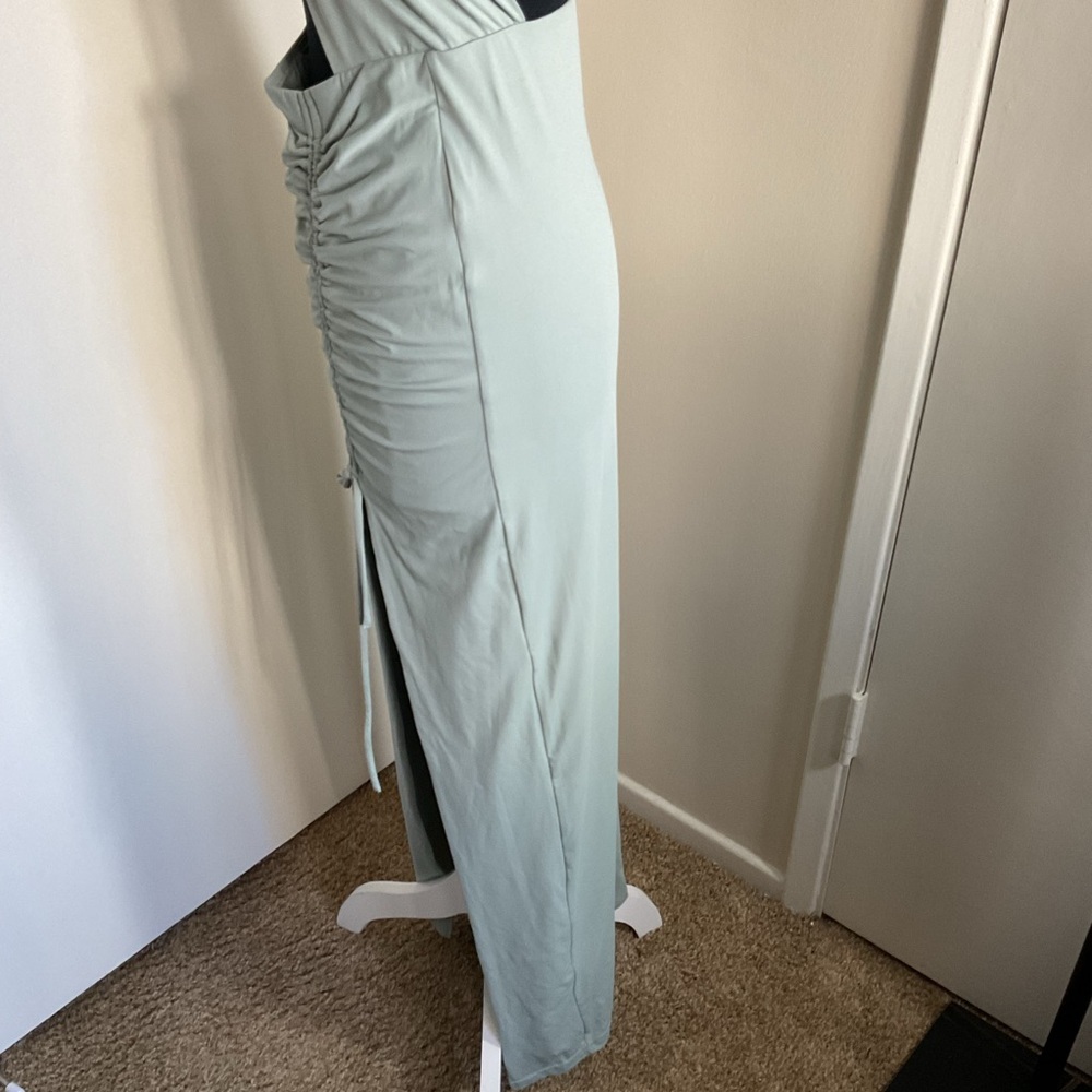 Babyboo Sage Green Cut-Out Halter Maxi Dress Ruched Slit Night Out Size L - Picture 7 of 9
